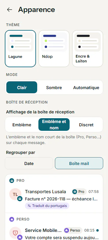 Appearance settings: Lagune, Ndop and Encre & Laiton themes, light, dark or automatic mode, text size.