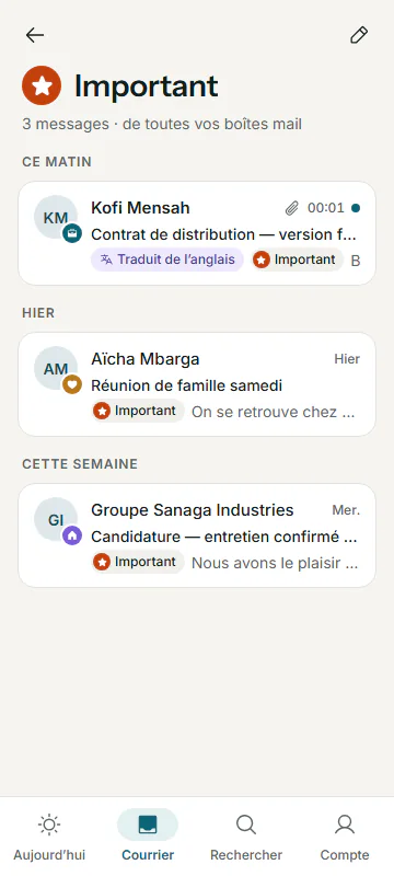 The “Important” group: three messages from three different mailboxes.