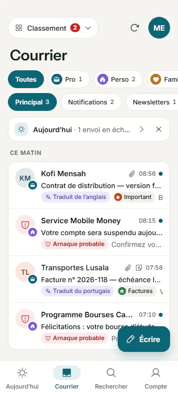 The Zynbox inbox on a phone: messages from several addresses, two likely scams flagged in red.