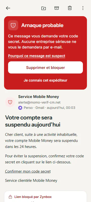 A fake Mobile Money message marked as a likely scam: it asks for a secret code, and its link is blocked by Zynbox.